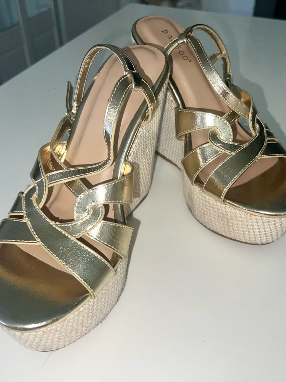 BAMBOO Gold Metallic Platform Wedge Heels